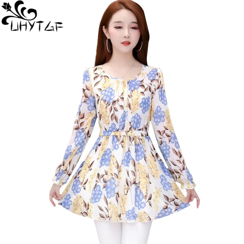 

UHYTGF Korean 5XL big size blouse women fashion chiffon printing spring shirt female long-sleeved pullover Casual top women 794