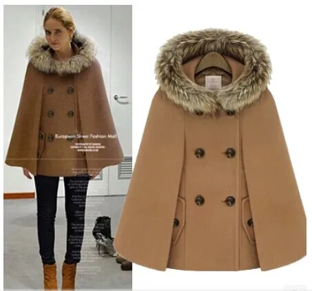 Осень и зима стиль ретро английский стиль Женская мантия шаль меховой воротник с капюшоном плащ шерстяная куртка