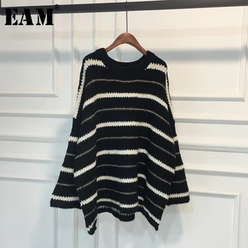 

[EAM] Striped Big Size Knitting Sweater Loose Fit Round Neck Long Sleeve Women Pullovers New Fashion Spring Autumn 2020 1X287