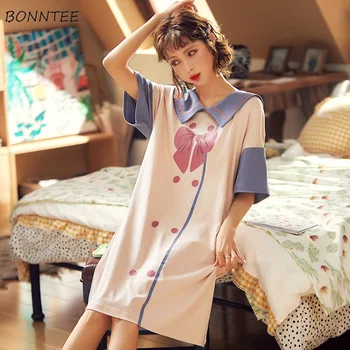 

Women Nightgowns Short Sleeve Summer Korean-style Simple Leisure Loose Females Sleepdress Daily Homewear Preppy Breathable Ins