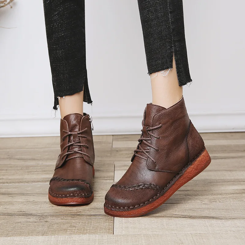 

Women Leather Boots Flat Heels Shoes Women Brown Retro Ankle Boots Martin Women Shoe 2019 Handmade Genuine Leather Soft Bottom