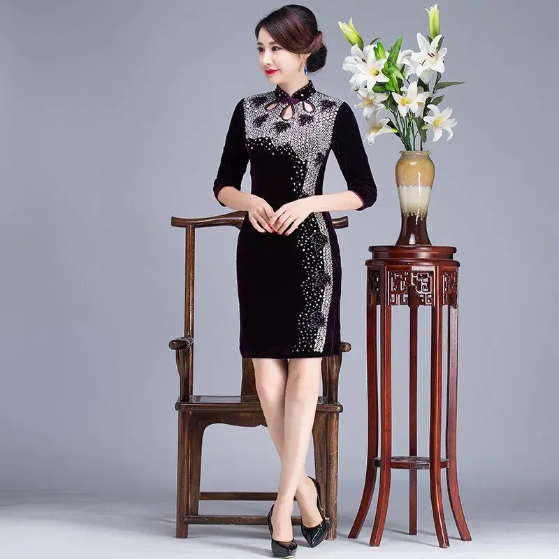 Бархатное женское вечернее платье, сексуальное китайское стильное Cheongsam Qipao, велюровое платье с блестками и бусинами, воротник-стойка, винтажное платье на пуговицах - Цвет: Style 1 Purple