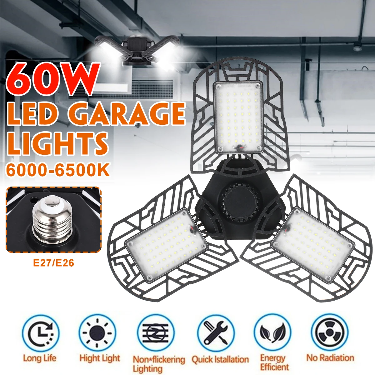 

60W 6000LM 144pcs Led Deformable Lamp Garage light AC170-265V LED Mining Lamps for Garage/ Attic/Basement/Home