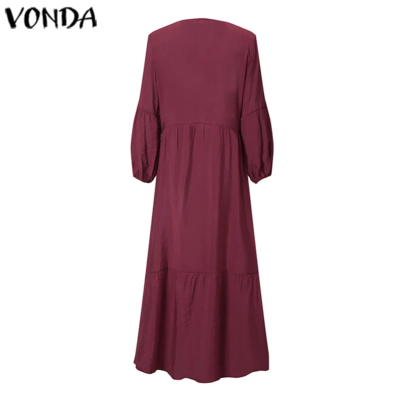 VONDA, модное длинное платье макси для женщин, одноцветное, богемное, Vestidos Femme, длинное платье, повседневное, v-образный вырез, пляжный сарафан, 5XL, туники