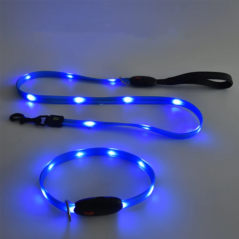 

New Arrival LED Luminous Nylon Dog Collar Flashing Waterproof Flat Rope Light-up Collar Set