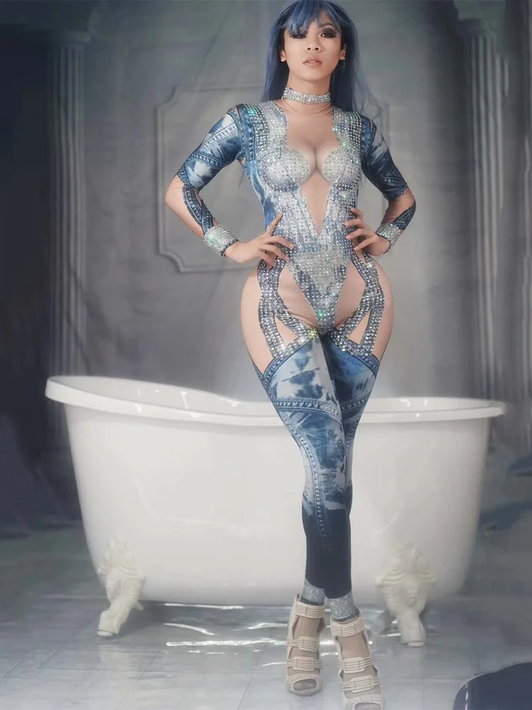 Jumpsuit only Сексуальное джинсовое боди с узором, стразы, женский комбинезон, костюм для сцены, танцев, стрейчевое боди, одежда для ночного клуба - Цвет: Jumpsuit only