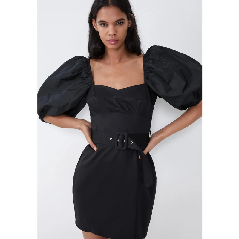 ZOEPO Slim Solid Patchwork Dresses Women Fashion Square Collar Dress Women Elegant Puff Sleeve Mini Dresses Female Ladies LE