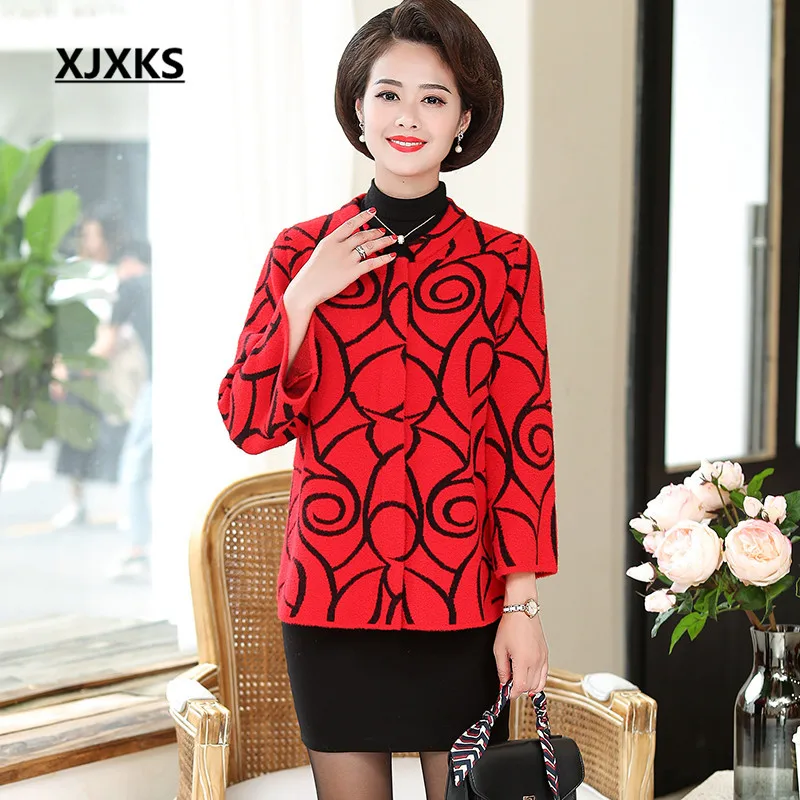 XJXKS Women woolen coat autumn winter new loose plus size comfortable casual high quality cashmere women coat - Цвет: Красный