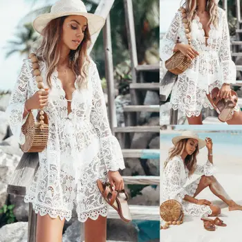 

2019 Autumn Lace Crochet Women Beach Dress Bikini Cover Up Swimwear Floral White Black Bathing Suit Tunic Beach Dress