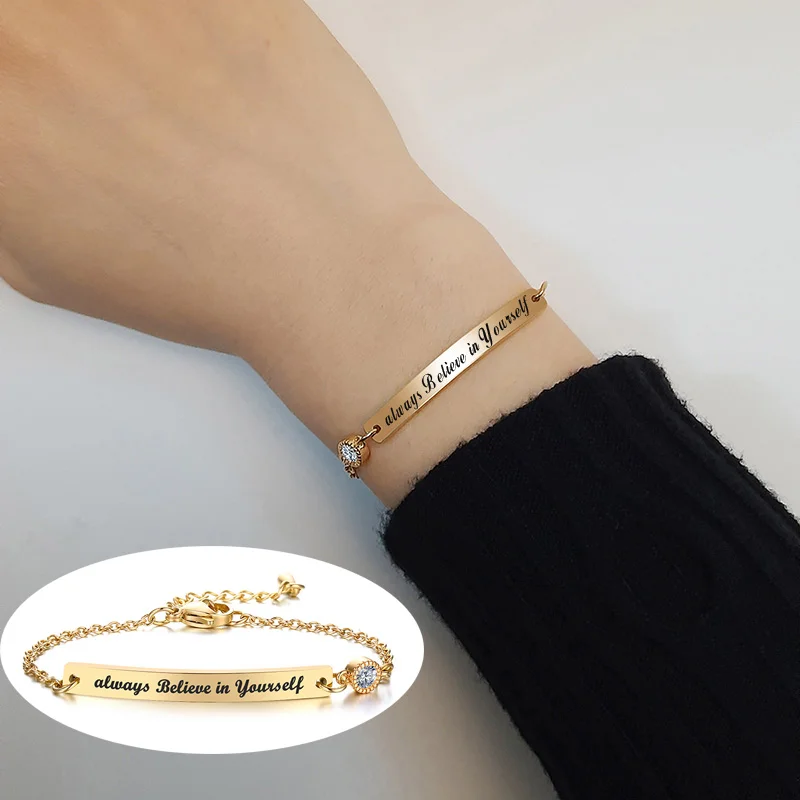 

Custom Always Believe in Yourself Chain Bracelet With Bling AAA Zirconia Engraved Name Bar Bangles Women Jewelry Gift