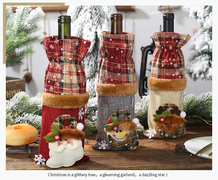 Рождественское украшение, клетчатая льняная ткань, крышка для бутылки вина с Санта-Клаусом и оленем, красная бутылка шампанского, украшение для рождественского стола, Рождественский подарок