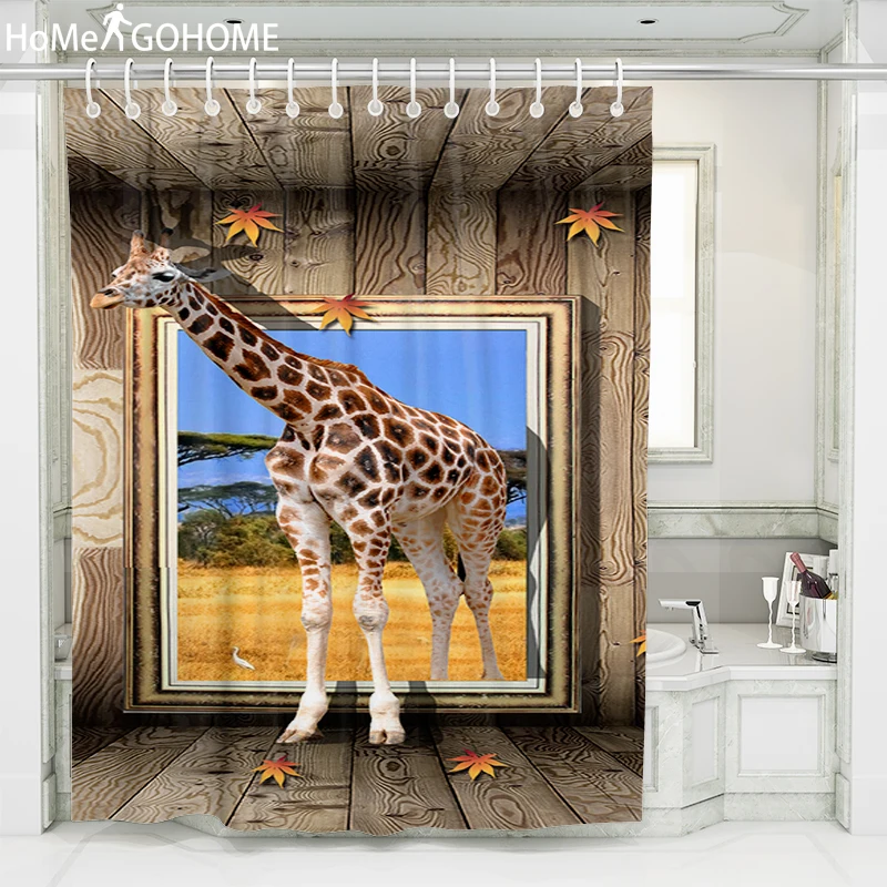 

Simulation Wood Window Giraffe 3D Shower Curtain Animal Bathroom Curtain Anime Bath Curtain Waterproof Polyester Fabric Screen