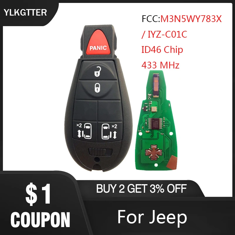 YLKGTTER 4+1 Button Remote Car key For Jeep Grand Cherokee 2008 -2013 M3N5WY783X IYZ-C01C with 433Mhz &amp ID46 Chip Smart Fob | Автомобили