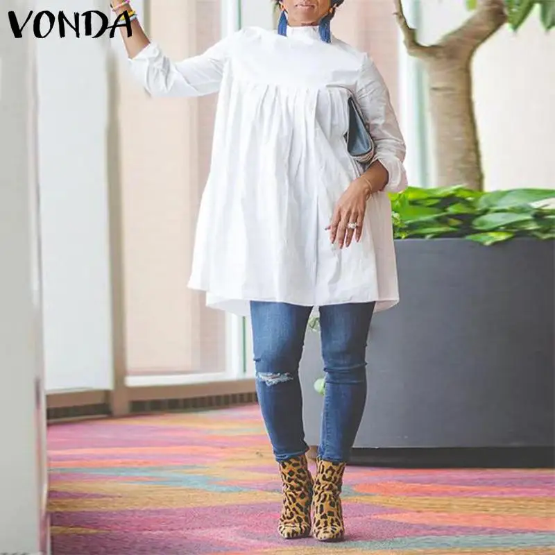 VONDA/осеннее Хлопковое платье, зимнее платье с длинным рукавом и воротником-стойкой, однотонное мини-платье размера плюс, богемный сарафан, Femme Vetidos 5XL