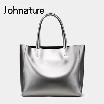 

Johnature Casual Bag 2020 New Fashion Genuine Leather Women Handbag Cowhide Shoulder&Handbags Large Capacity Soft Leather Tote