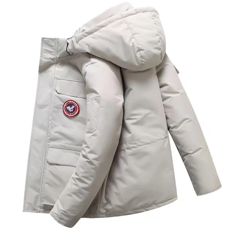White No collar Простой мужской пуховик из толстой белой утки с капюшоном из натуральных косичек с меховым воротником мужской пуховик - Цвет: White No collar