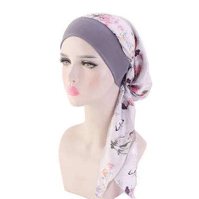 Muslim Women Print Cotton Turban Hat Headscarves Pre-Tied Cancer Chemo Headwear Bandanas Headwrap Caps Gray Floral