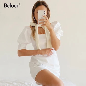 

Bclout White Short Sleeve A-Line Mini Dress Summer Puff Sleeve Shirt Dress Women Elegant Square Collar Dresses Vestido Woman