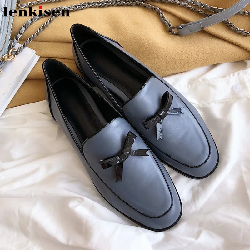 

Lenkisen hot star cow leather round toe low heels sweet ladies shoes butterfly-knot slip on solid dating autumn women pumps L19