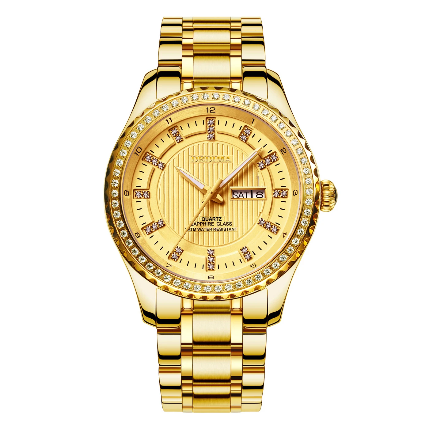 DEDIMA Gold Diamond double calendar waterproof night light steel strip men's watch business leisure Watch
