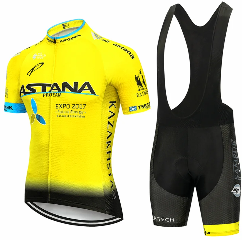 2020 Yellow Astana Pro Team summer cycling Jersey set Bicycle Clothing Breathable Men Short Sleeve shirt Bike bib shorts 19D Gel