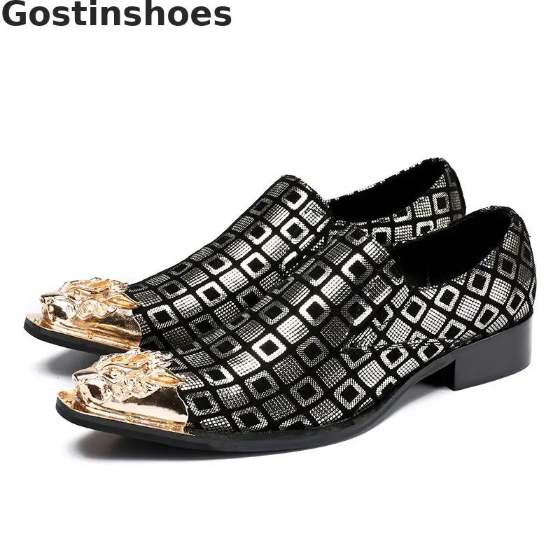 

Plaid Genuine Leather Men Shoes Two Color Men Loafers Slip-on Metal Capped Toe Casual Leather Shoes For Party Wedding Business