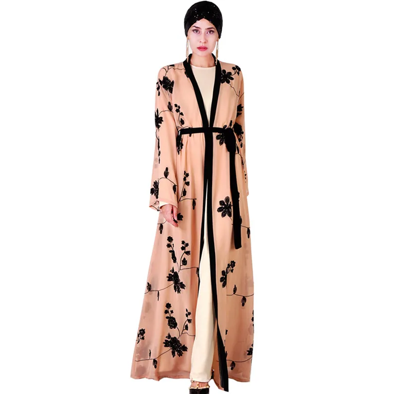 Abaya кимоно для женщин открытый кардиган Femme Толстая линия вышивка шифон мусульманская Верхняя одежда Пальто Блейзер полный рукав черный халаты плюс