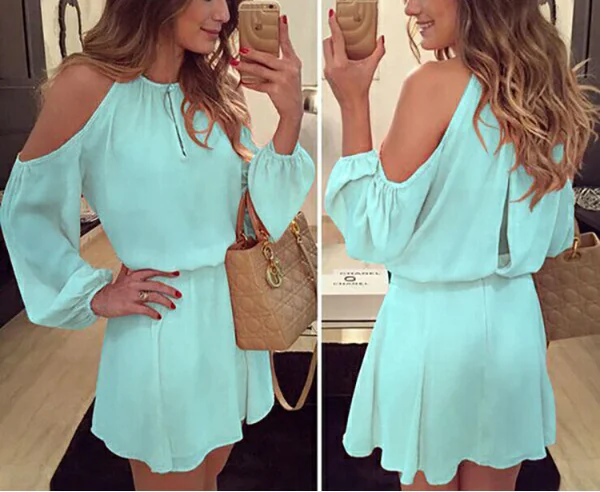 2022 Candy Color Off the Shoulder Solid Fashion Party Women Chiffon Dress Plus size S-XL sky blue