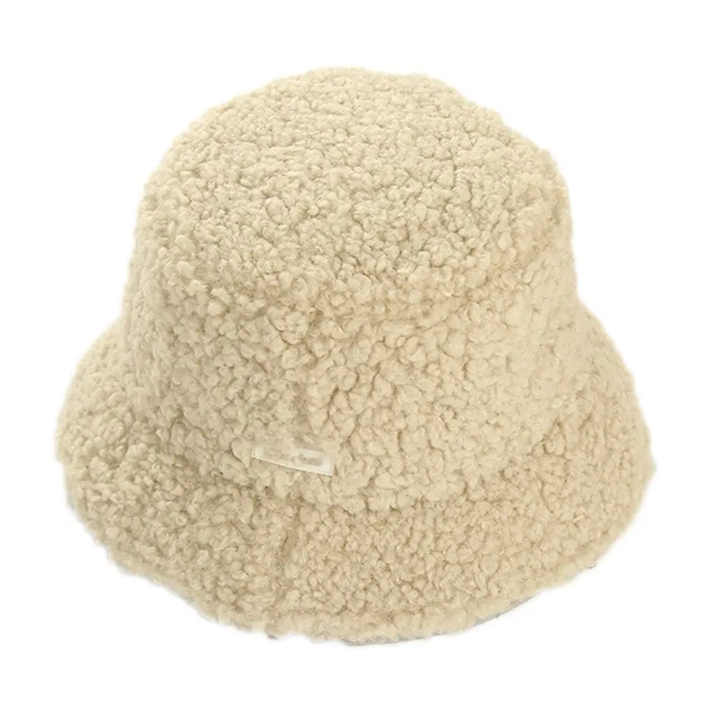 small beige Новая осенняя и зимняя шапка в рыбацком стиле, толстая шапка из овечьей шерсти с надписью, одноцветная теплая плюшевая шапка для бассейна, шапка-ведро - Цвет: small beige