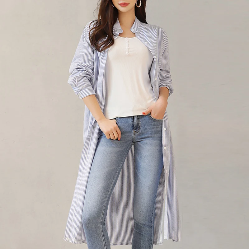 Blusas mujer de moda шифоновая блуза с длинным рукавом в синюю полоску Повседневная Длинная блуза Женские топы женские топы и блузки C353