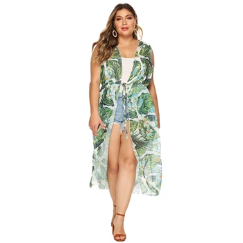

Women Large Big Size Floral Printing Clothes Casual Sleeveless High Waist Cardigans Plus Size Fashion Open Stitch Chiffon Trench