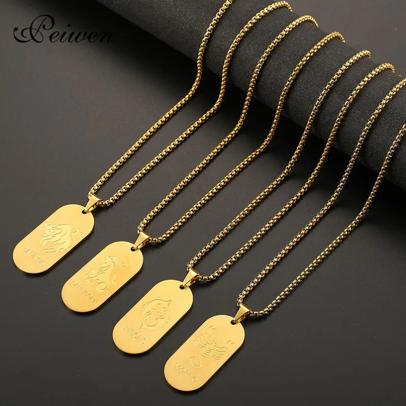 

Twelve Constellations Pattern Necklace Dog Tag Gold Necklaces Unisex Stainless Steel Charm Choker Necklace Born Birthday Gift