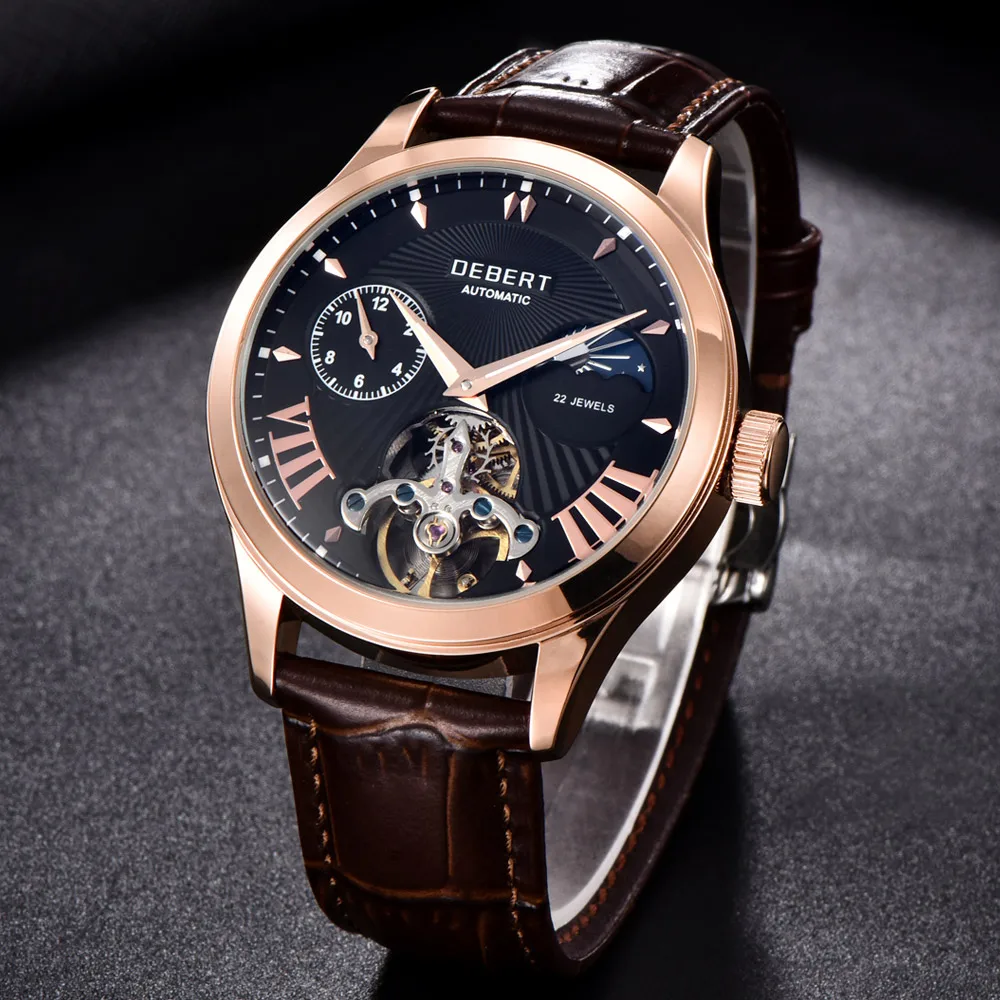 Deber 40 мм часы для мужчин Топ люксовый бренд Мода Спорт Moon Phase часы автоматические механические наручные часы для мужчин кожаный ремешок
