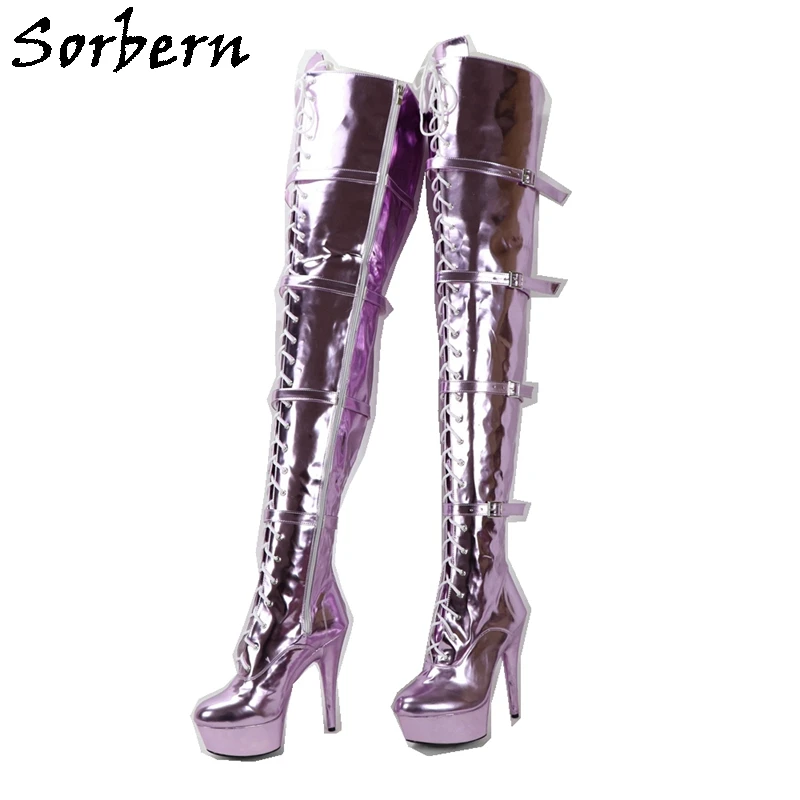 

Sorbern Metallic 15Cm High Heel Women Boots Crotch Thigh High Unisex Ladyboy Boot Lace Up 4 Straps Buckles Pole Dance Heels