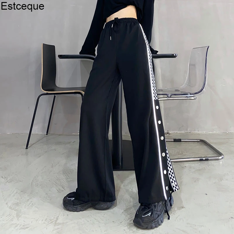 

Plus Size Women Reflective Split Pant New Casual High Waist Drawstring Black Long Trousers Korean Loose Hip Hop Wide Leg Pants