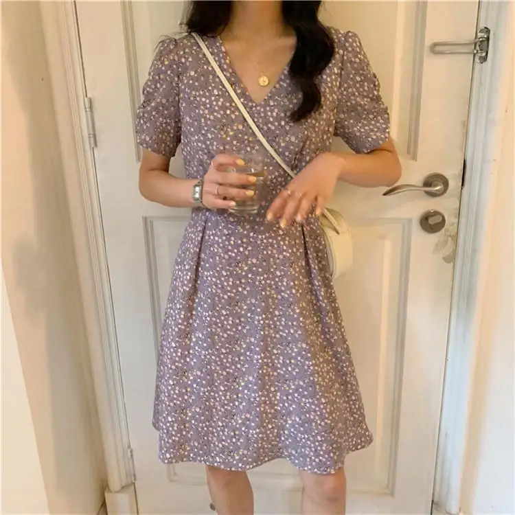 Dress Women Summer Purple High Waist Midi Elegant Floral Sweet V-neck Short Sleeve Slim Trendy Casual Daily Female Ruffled Chic