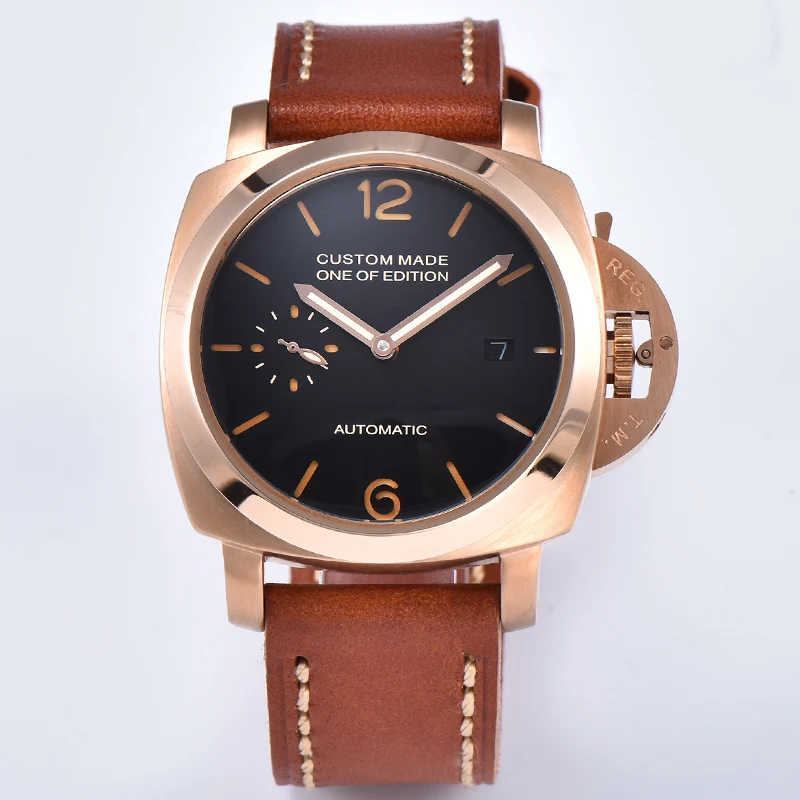 

Men Watch 42mm Automatic Mechanical Casual Fashion Leather Strap Rose gold stainless steel case Waterproof Luminous