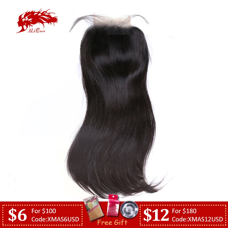 Baratos Ali Queen 4x4 5x5 Cierre de encaje transparente pre desplumado con pelo de bebé 10 ~ 20 pulgadas brasileño virgen cabello humano cierre recto