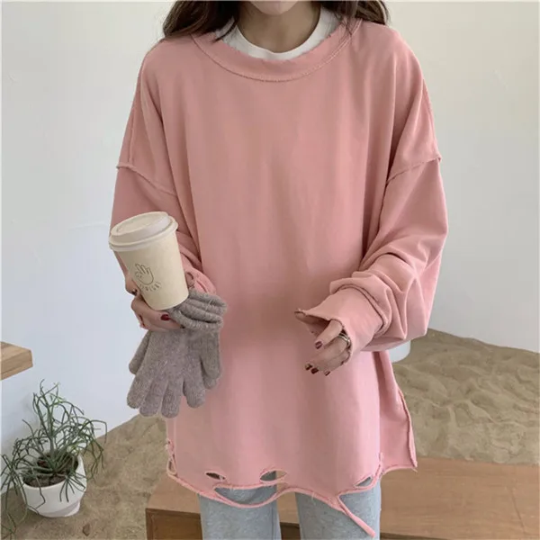 Розовый RUGOD женский свитер с дырочками, Kpop, одежда, одноцветная, оверсайз, UK, модная, повседневная, Корейская уличная одежда, зима, яркие цвета - Цвет: Розовый
