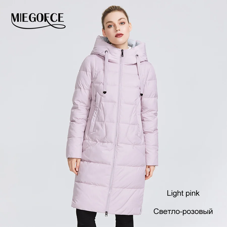 105 Light pink MIEGOFCE Новая зимняя женская коллекция курток куртки женские зимние длина ниже колен ветрозащитный женская куртка со стоячим воротником и капюшоном подходит ко всем типам фигуры и придает элегантность - Цвет: 105 Light pink