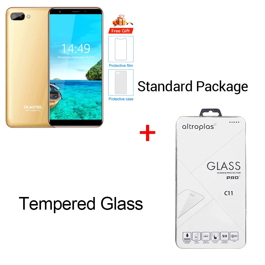 Gold N Temper Glass Oukitel C11 5," HD 18:9 Android 8,1 1 ГБ ОЗУ 8 Гб ПЗУ смартфон MTK6580A четырехъядерный 5MP+ 2MP/2MP 3400 мАч 3g мобильный телефон - Цвет: Gold N Temper Glass