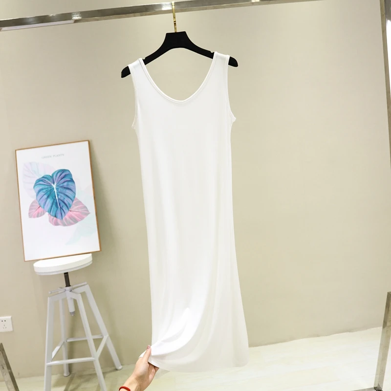 105cm white Модальная Домашняя одежда, Женская Повседневная хлопковая ночная рубашка, Женская Однотонная ночная рубашка без рукавов, женская ночная рубашка с v-образным вырезом, большие размеры, длинное платье для сна - Цвет: 105cm white