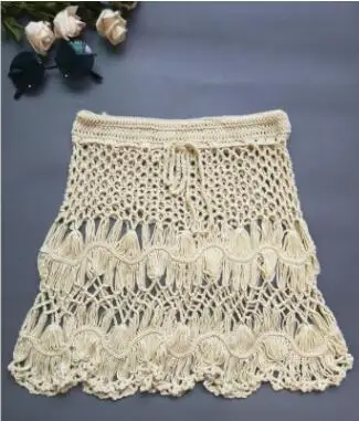 Boho, ручная работа, хлопок, крючком, белые мини юбки для женщин, летняя, открытая, высокая талия, пляжная юбка с кисточками, а-силуэт, низ - Цвет: Бежевый