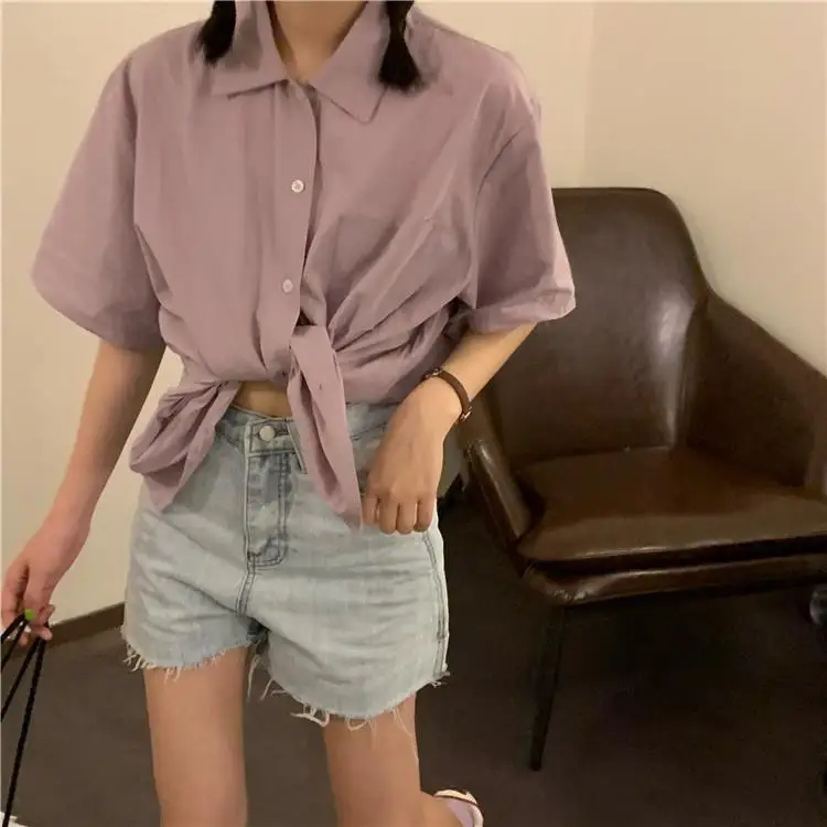 Shirts Women Short Sleeve blouses Solid Bf Oversize Loose Turn Down Collar College Simple Womens All-match Harajuku 2020 Summer