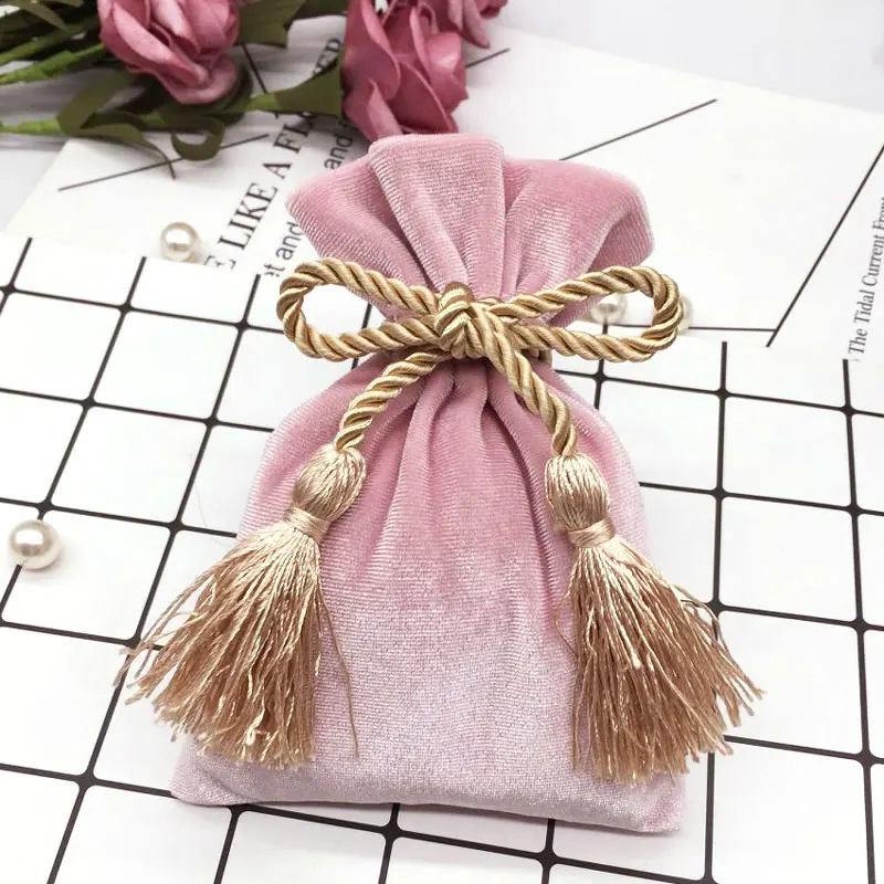 Pink Gold Бархатные сумочки с кисточкой голубого цвета, 13x18 см, 1 шт., фиолетовые, красные, золотые сумочки для ювелирных украшений, свадебные конфетные подарочные сумки, темно-зеленые - Цвет: Pink Gold