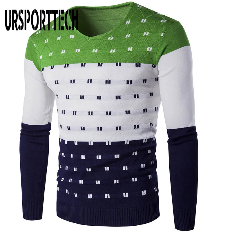 URSPORTTECH, 5 цветов, полосатый мужской свитер, теплый, длинный рукав, v-образный вырез, зимняя одежда для мужчин, модный, облегающий, с принтом, пуловер, свитер - Цвет: Зеленый