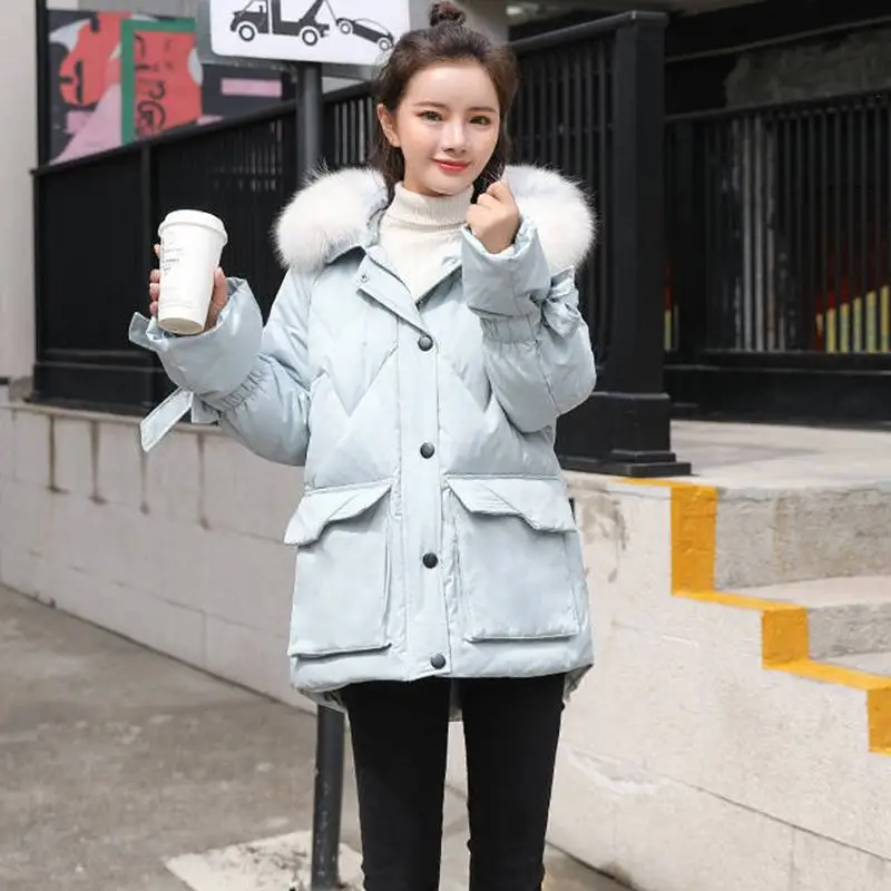 Women Winter White Duck Down Winter Jacket Big Natural Fox Fur Collar Hooded Parkas Coat Female Warm Casual OutERwear N145