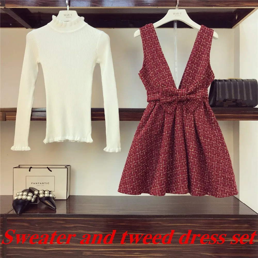 Sweater and Dress Зимний милый твидовый жилет с большим бантом, платье и белый пуловер, свитер комплект из 2 предметов, красное шерстяное клетчатое короткое платье, вязаный Топ, костюм - Цвет: Sweater and Dress