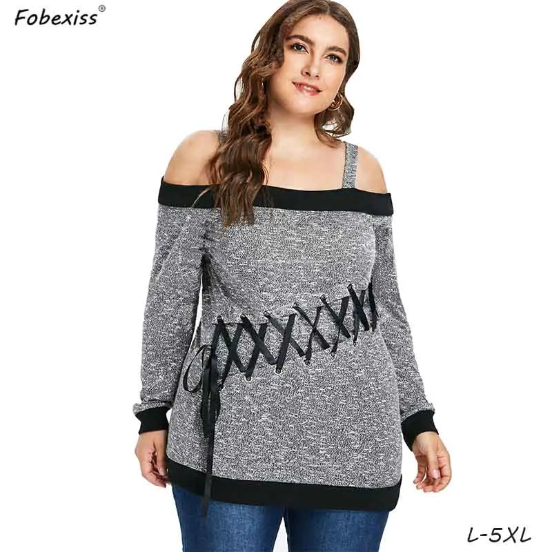 

Women Plus Size Off Shoulder T Shirt 5XL Long Sleeve Spaghetti Strap Slash Neck Grey 4XL Fashion Tees 2019 Autumn TShirt Woman
