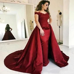 Lorie 2020 Burgundy Mermaid Satin Evening Gowns with Long Train Elegant Lace Applique Off the Shoulder Sleeveless Prom Dress